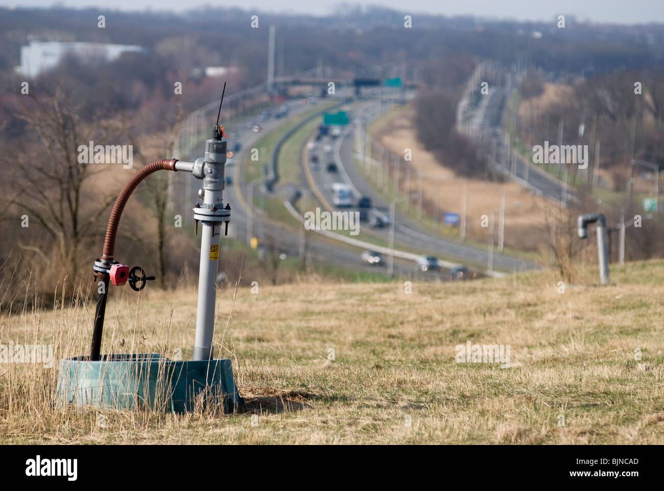An active methane well head on the Fresh Kills Landfill is seen with