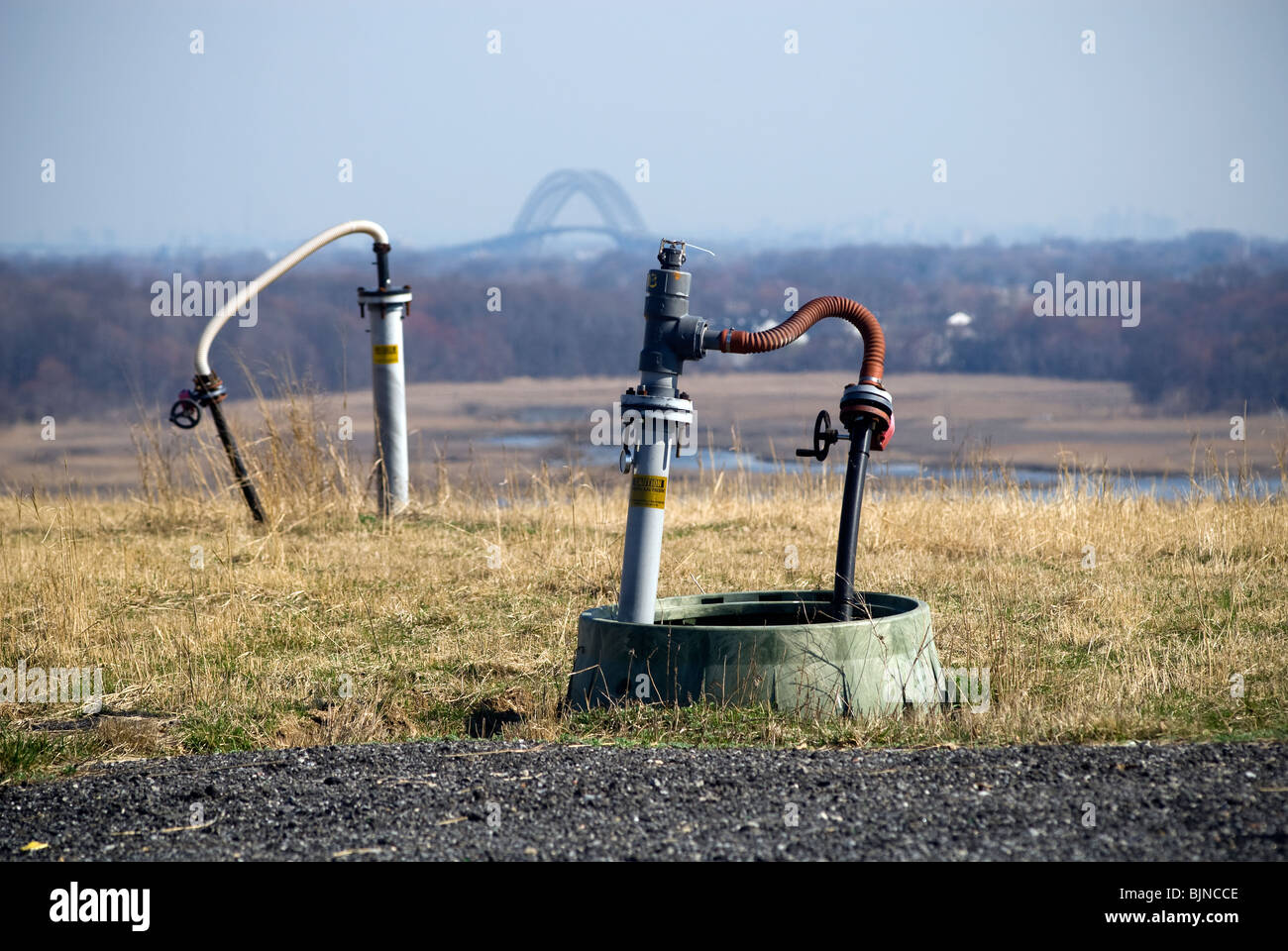 Active methane gas collection wellheads seen on North Mound in the