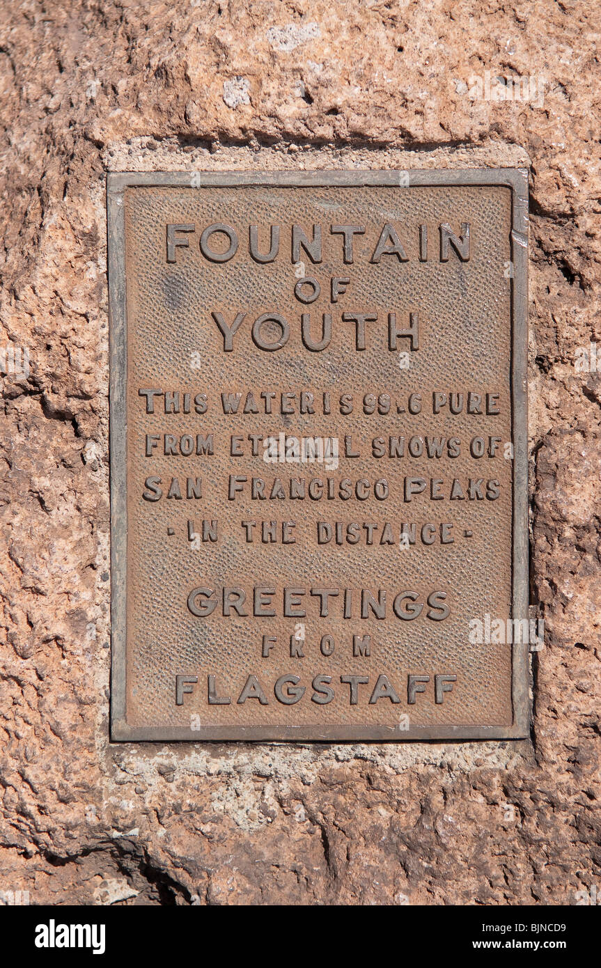 A sign for the 'Fountain of Youth' spring in Flagstaff, Arizona. The water comes from the snow in the hills. Stock Photo