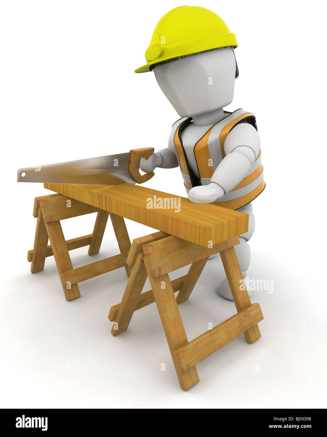 3D Render of a man sawing wood Stock Photo
