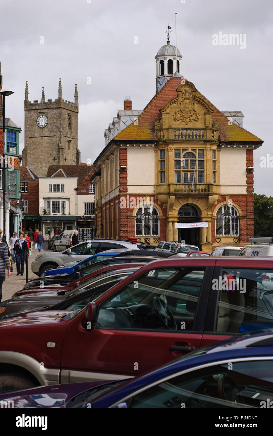The view from Marlborough High St of the Town Hall with St Mary's Church in the background. Stock Photo