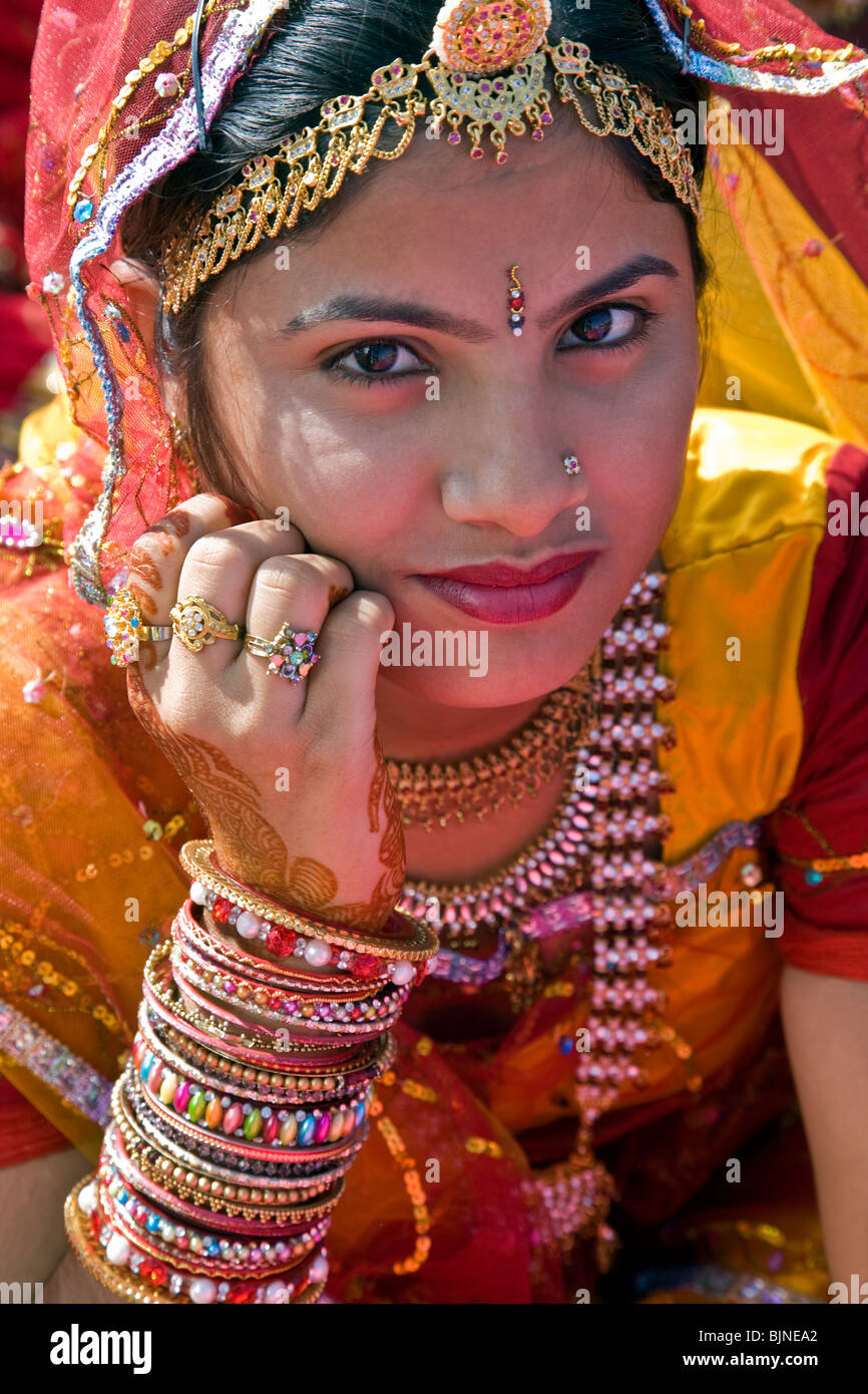 Indian woman with traditional jewelry. Jaisalmer. Rajasthan. India Stock Photo