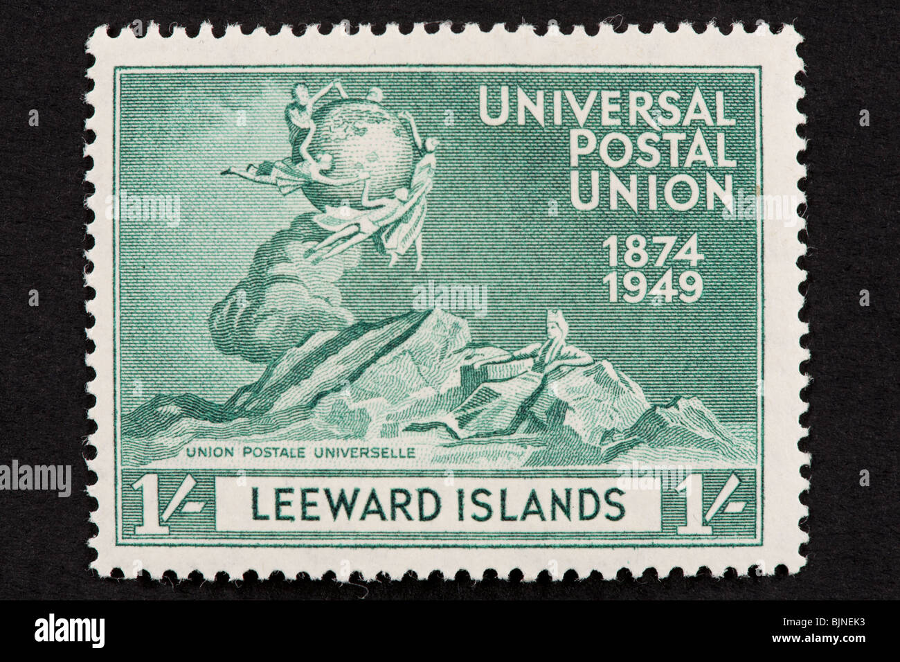 Postage stamp from the Leeward Islands depicting an allegory for the Universal Postal Union  (75'th anniversary). Stock Photo