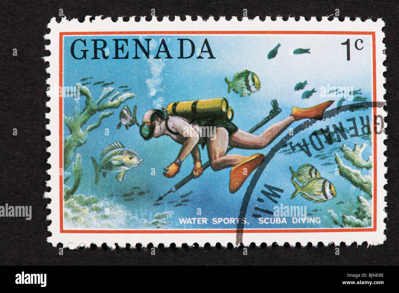 Postage stamp from Grenada depicting scuba diving. Stock Photo