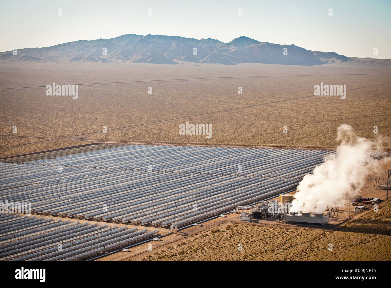 Aerial view of Nevada Solar One generating station, the largest concentrated solar power plant in the world In Boulder City, NV. Stock Photo