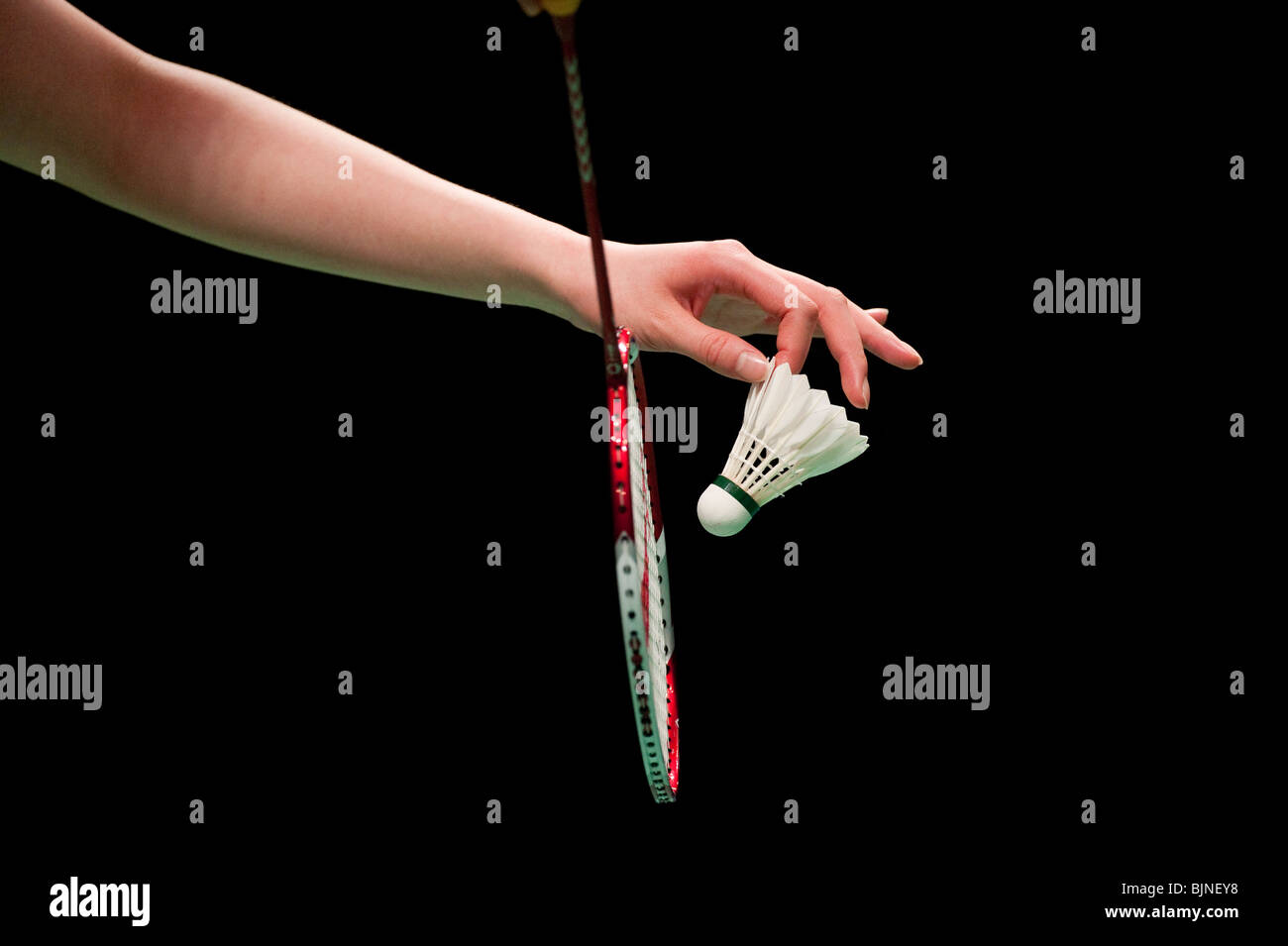 A badminton player prepares to serve a shuttlecock Stock Photo Alamy