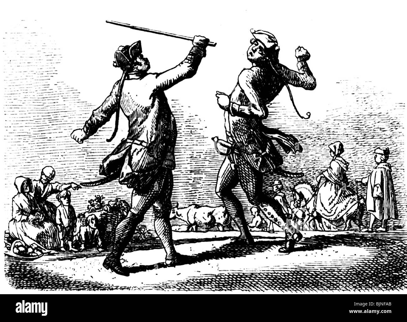 military, Germany, 18th century, Prussia, drill in the Prussian army at the time of King Frederick William I (1713 - 1740), copper engraving by Daniel Chodowiecki (1726 - 1801), historic, historical, NCO, floggings, penalisation, caning, beating, corporal punishment, soldier, soldiers, stick, hitting, people, Stock Photo