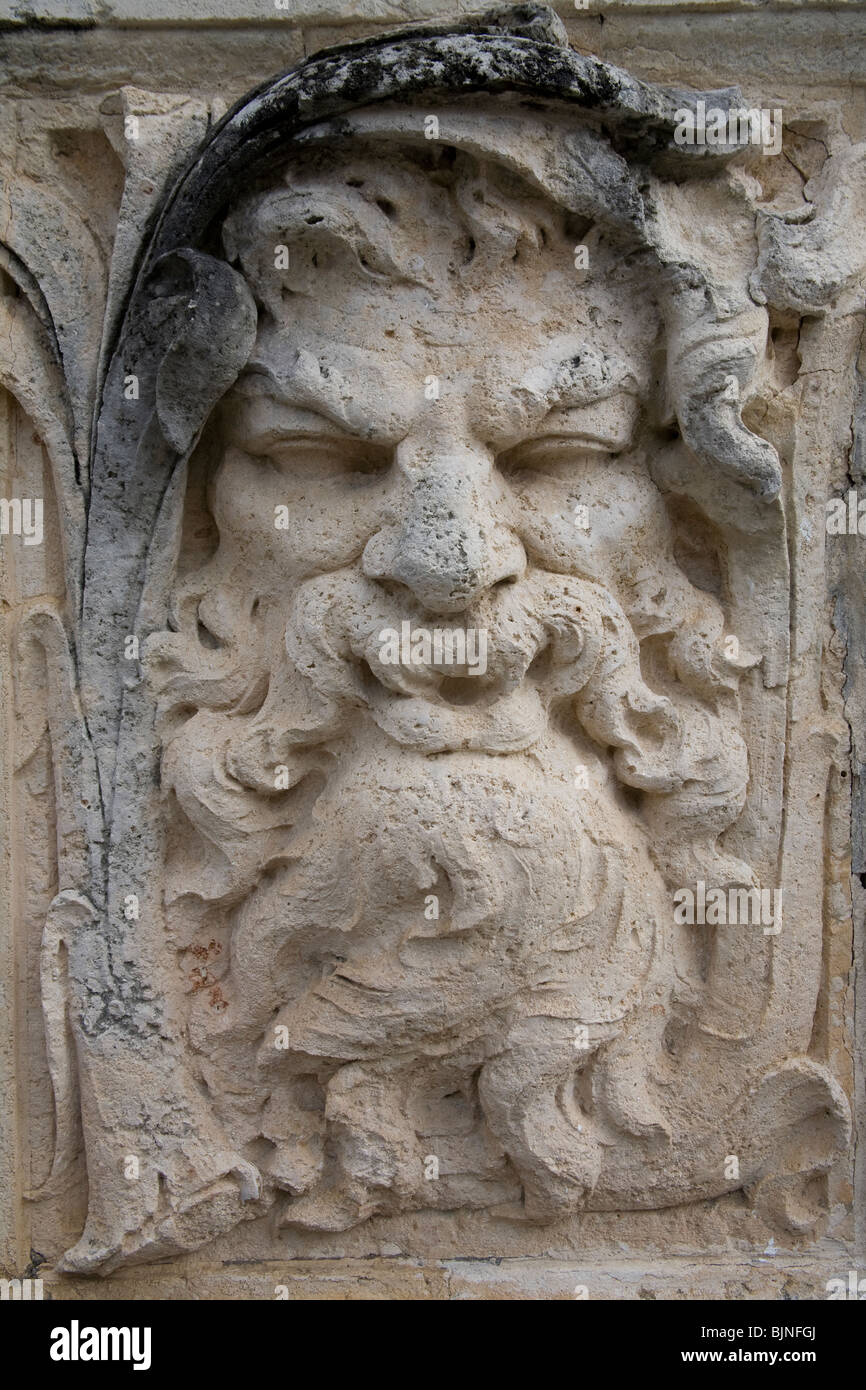 Carving of Neptune's face in the Villa Vizcaya gardens, Miami Florida