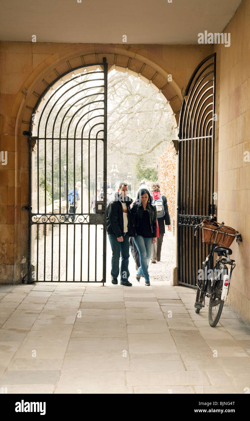 University students walking; Old Court, Clare College Cambridge University, UK - concept of Cambridge University entrance Stock Photo