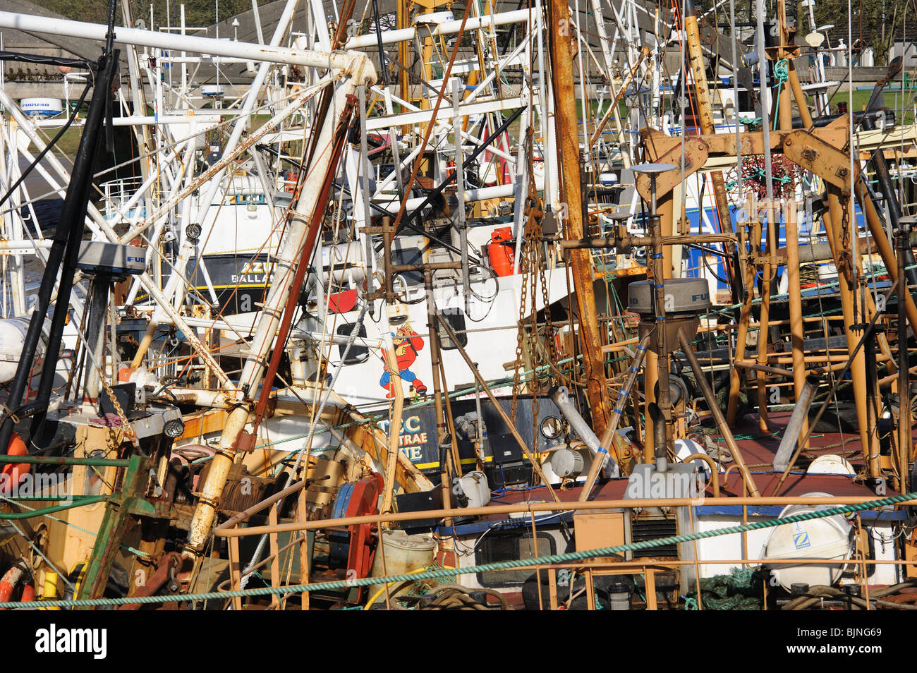 massed jumble of fishing gear on scallop fishing fleet, Kirkcudbright Harbour, SW Scotland Stock Photo