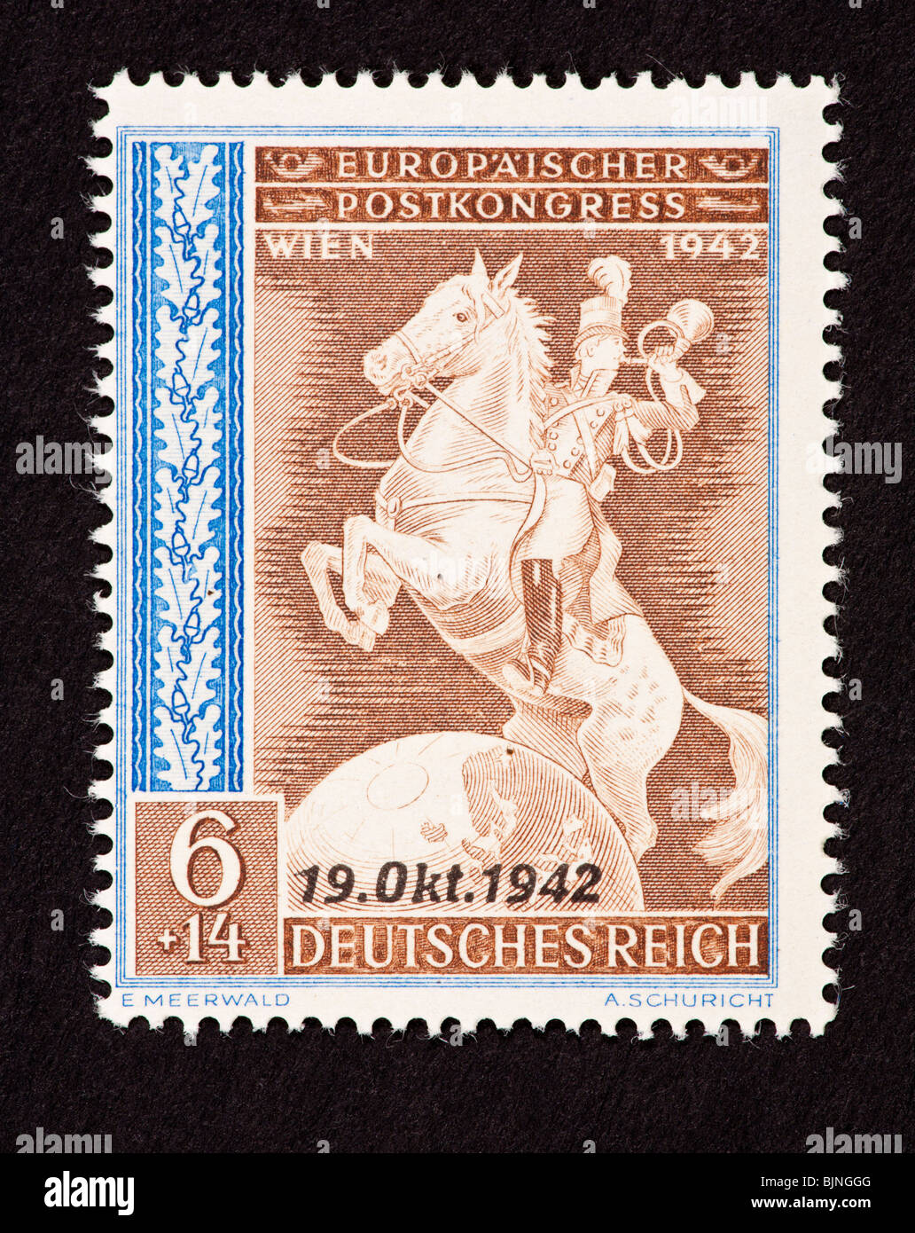 Postage stamp from Germany depicting a postilion and horse, for the 1942 European Postal Congress in Vienna. Stock Photo