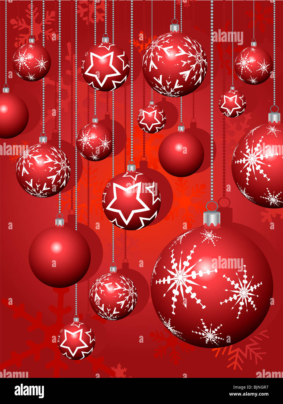 Hanging Christmas baubles on a snowflake background Stock Photo - Alamy