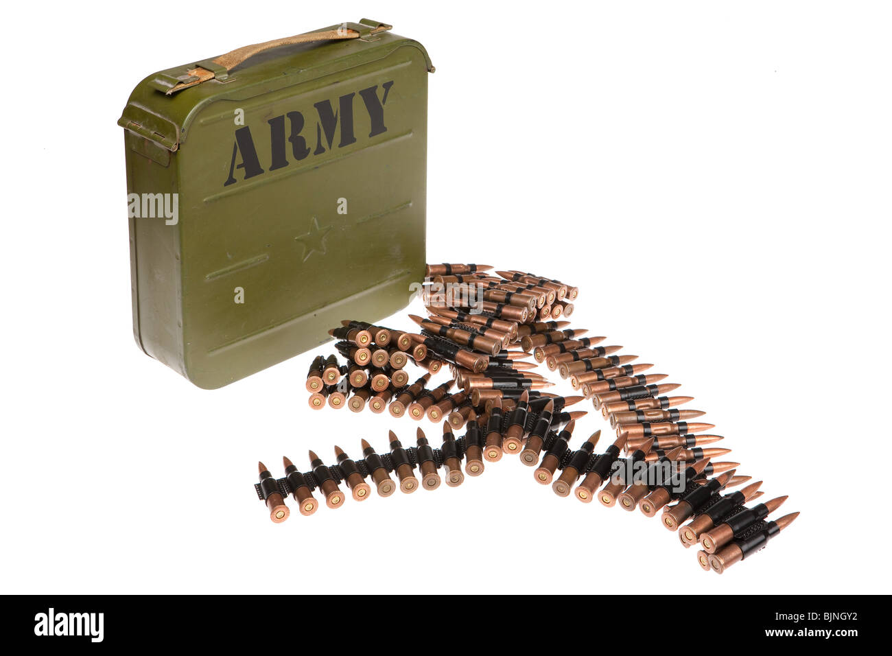 Metal belt with machinegun cartridges on isolated background Stock Photo