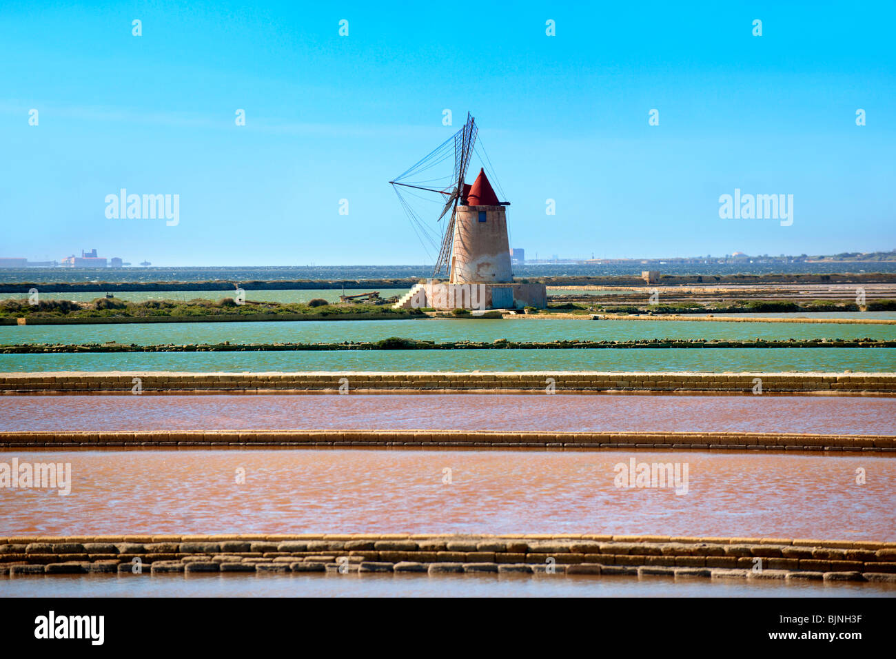 Salt pans near Ettore Infesera windmill, Masala Sicily. travel stock photos Stock Photo