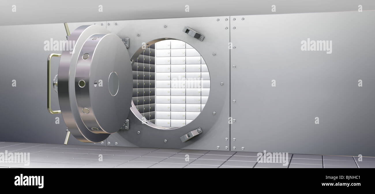 3D Render of Bank Vault and Safety Deposit Boxes Stock Photo