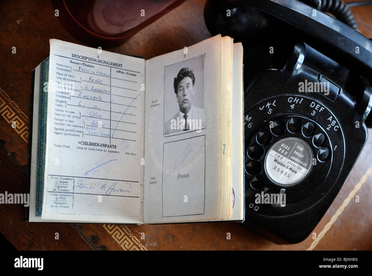 Frankie Howerd memorabilia including an old passport on display at Wavering Down House his former home Stock Photo