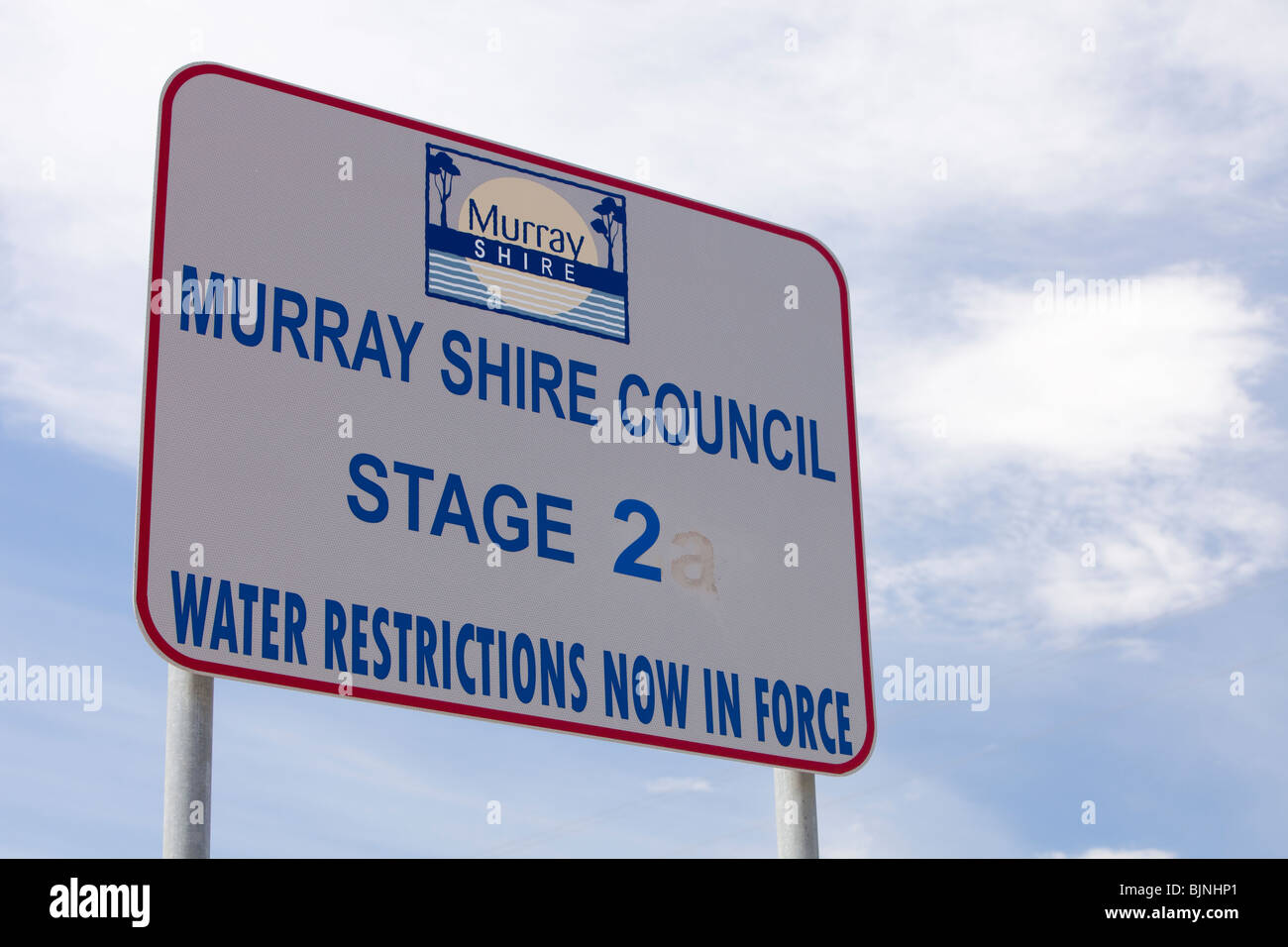 Signs near Echuca, Australia, about water restrictions and saving water. Stock Photo