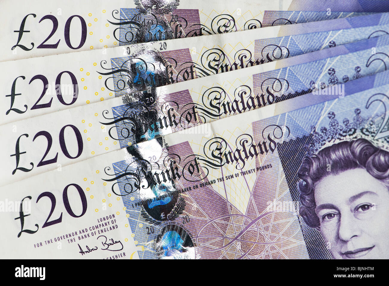 A fan spread of English Twenty pound notes Stock Photo