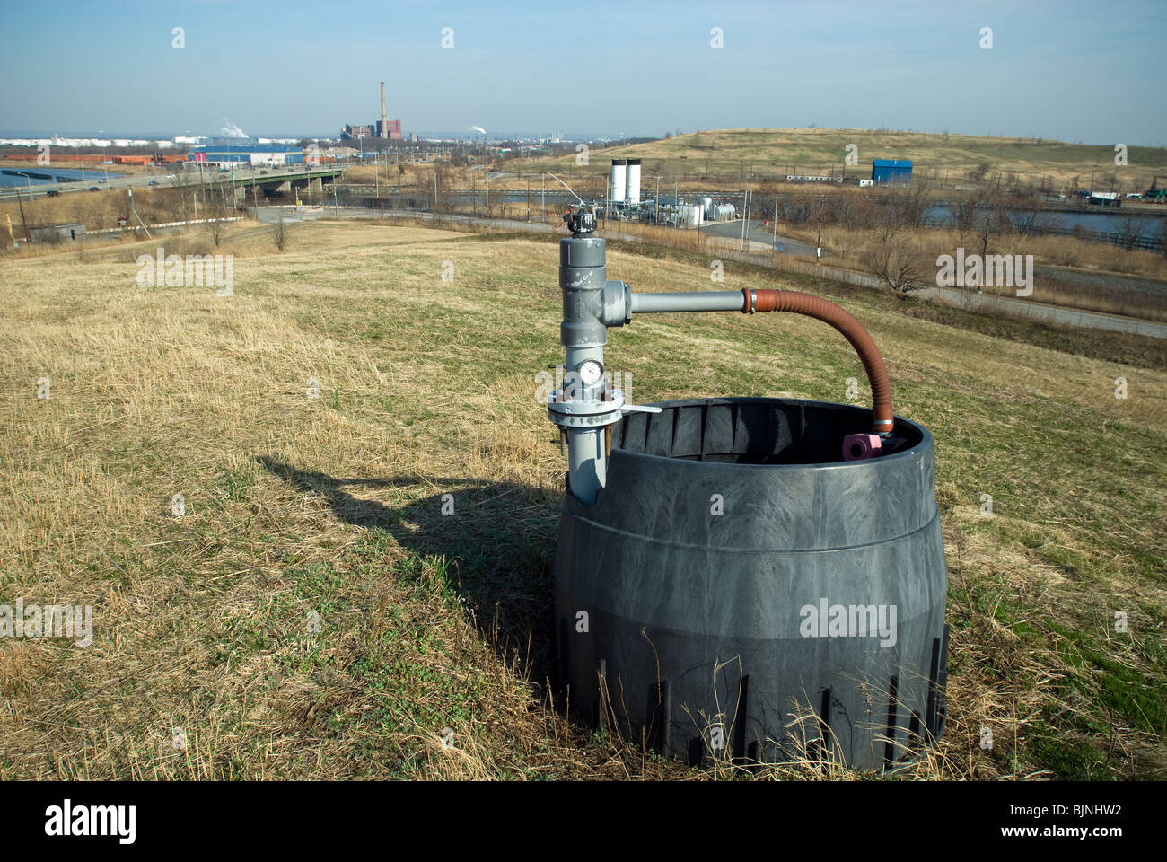 An active methane gas collection wellhead seen on South Mound in the