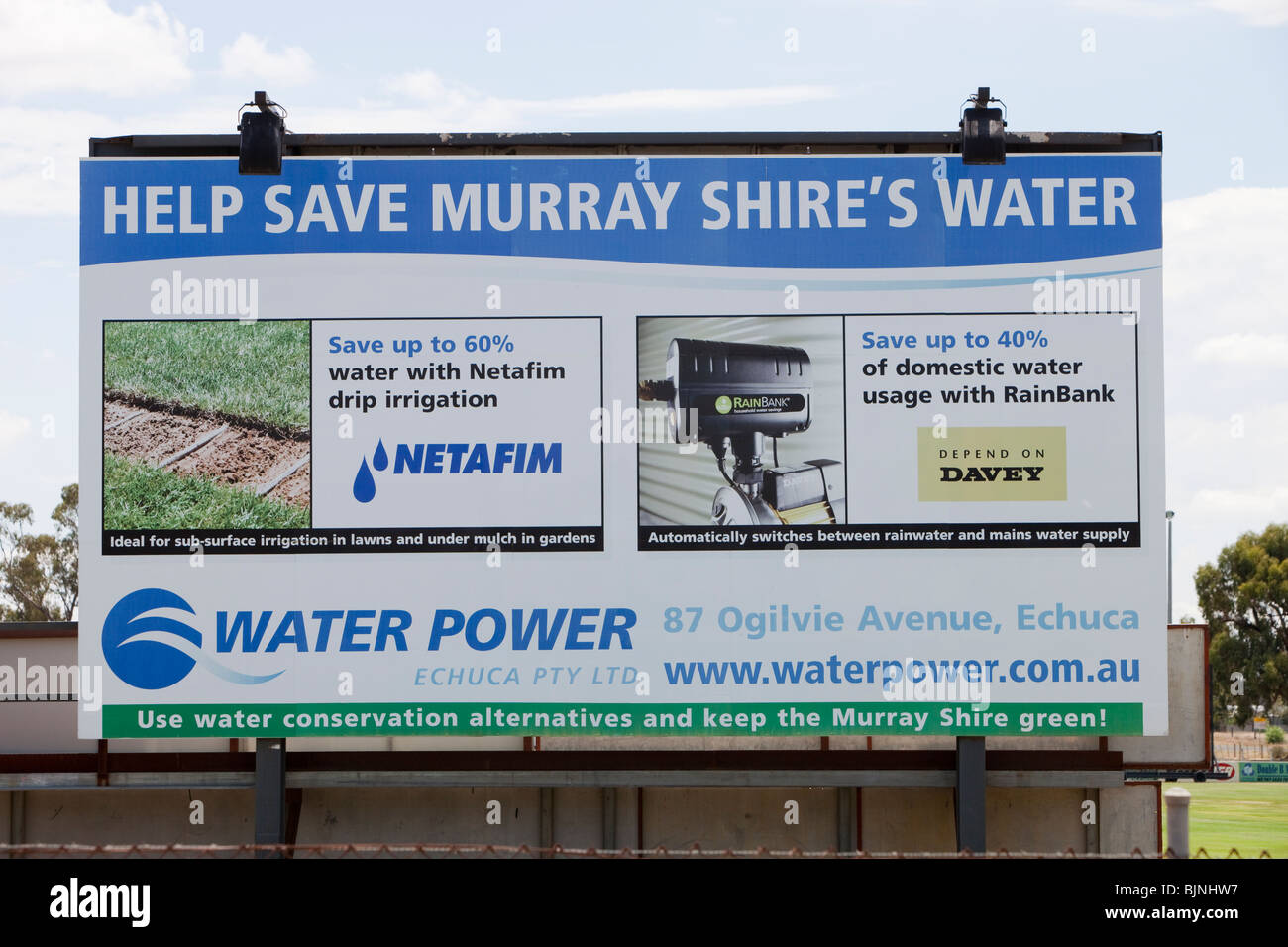 Signs near Echuca, Australia, about water restrictions and saving water. Stock Photo