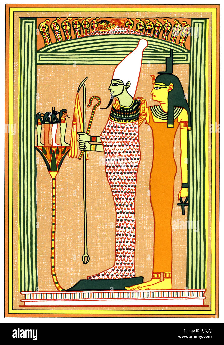 Osiris, the Egyptian god of fertility and of the dead, wears the white crown of Upper Egypt and holds the scepter, crook, flail. Stock Photo