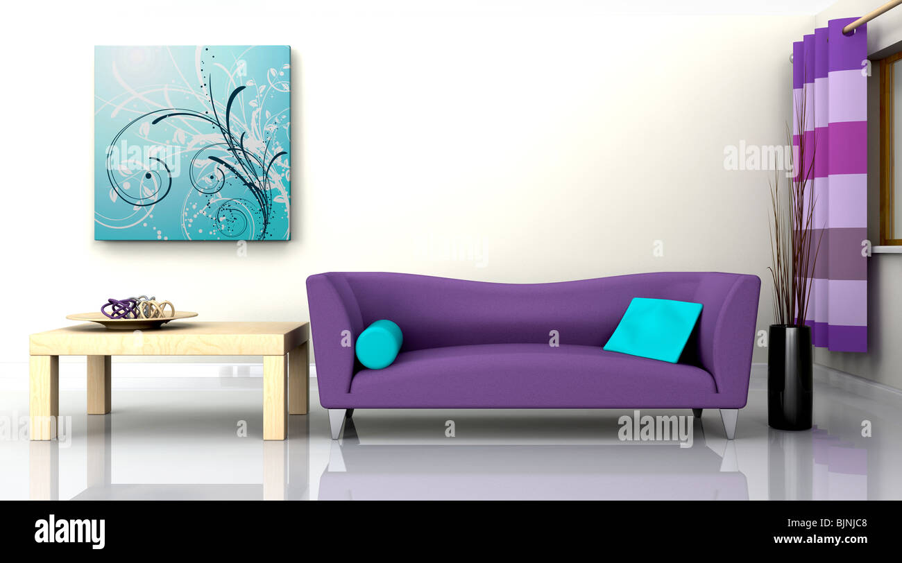3D render of a contemporary interior and sofa Stock Photo