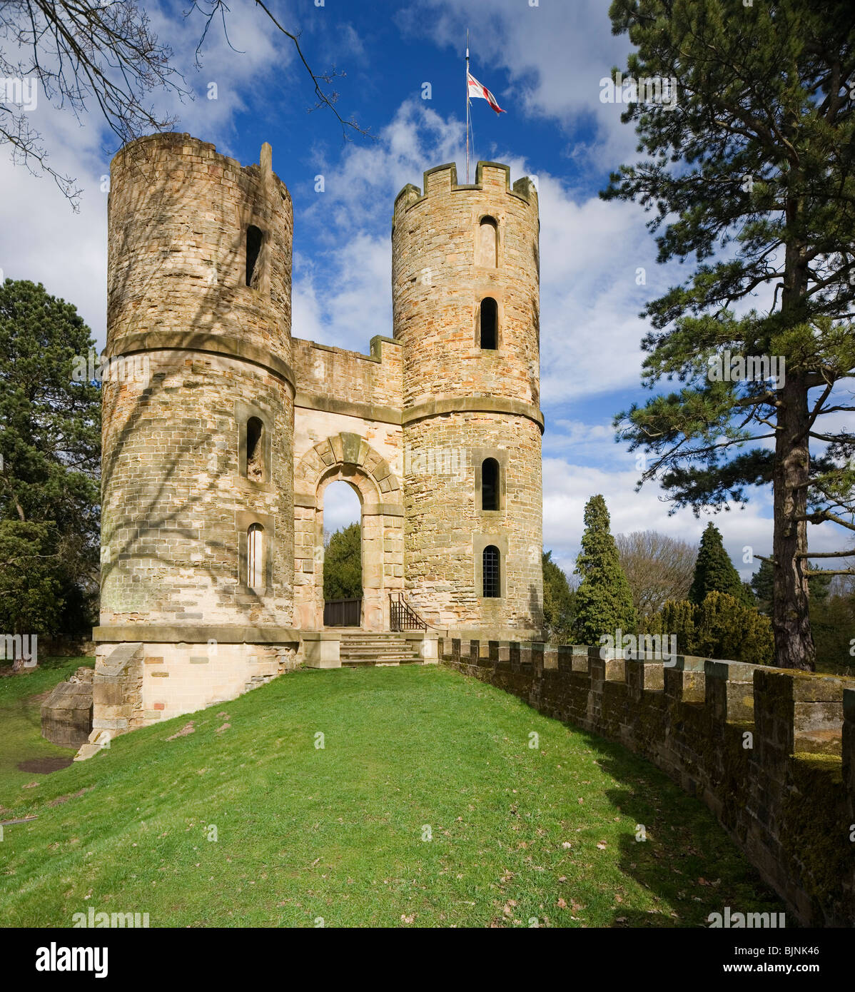 Wentworth Castle ruins and wall on The Wentworth Estate at Stainborough near Barnsley, South Yorkshire, UK Stock Photo