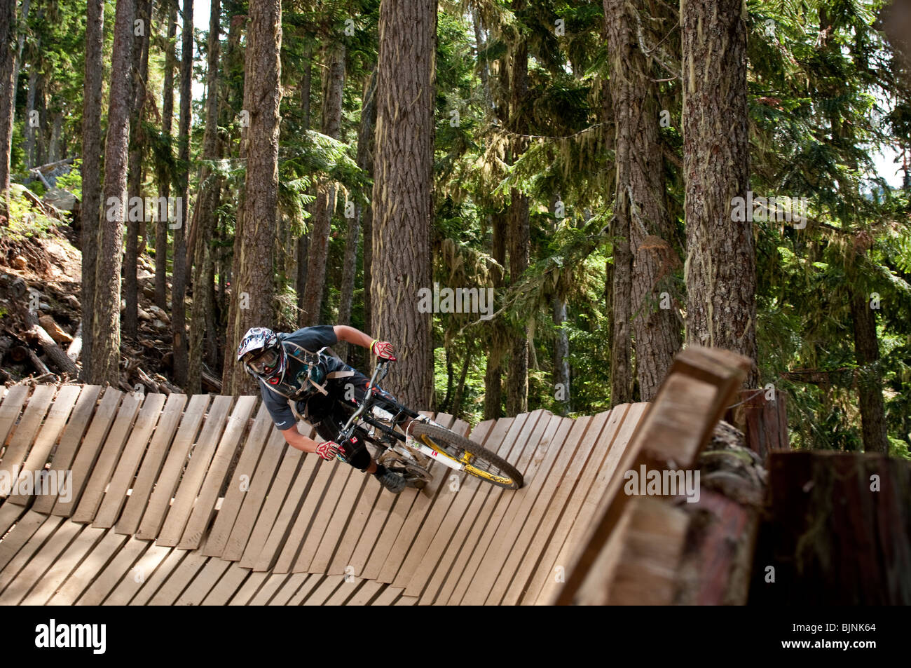 Downhill Mountain Biking in the world famous Whistler Bike Park in Whistler, BC, Canada Stock