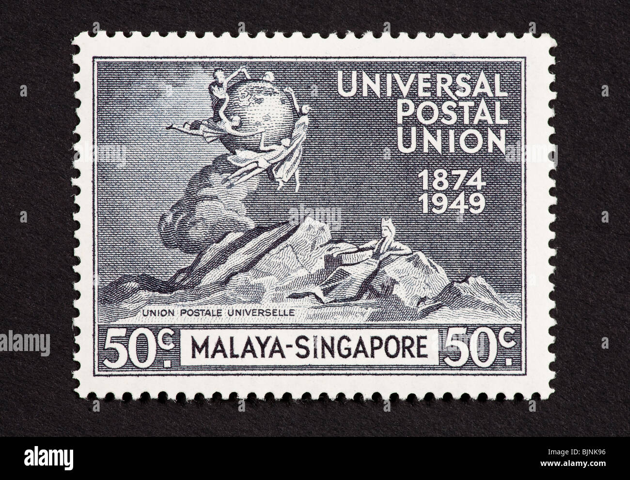 Postage stamp from Malaya (Singapore) honoring the 75'th anniversary of the International Postal Union. Stock Photo