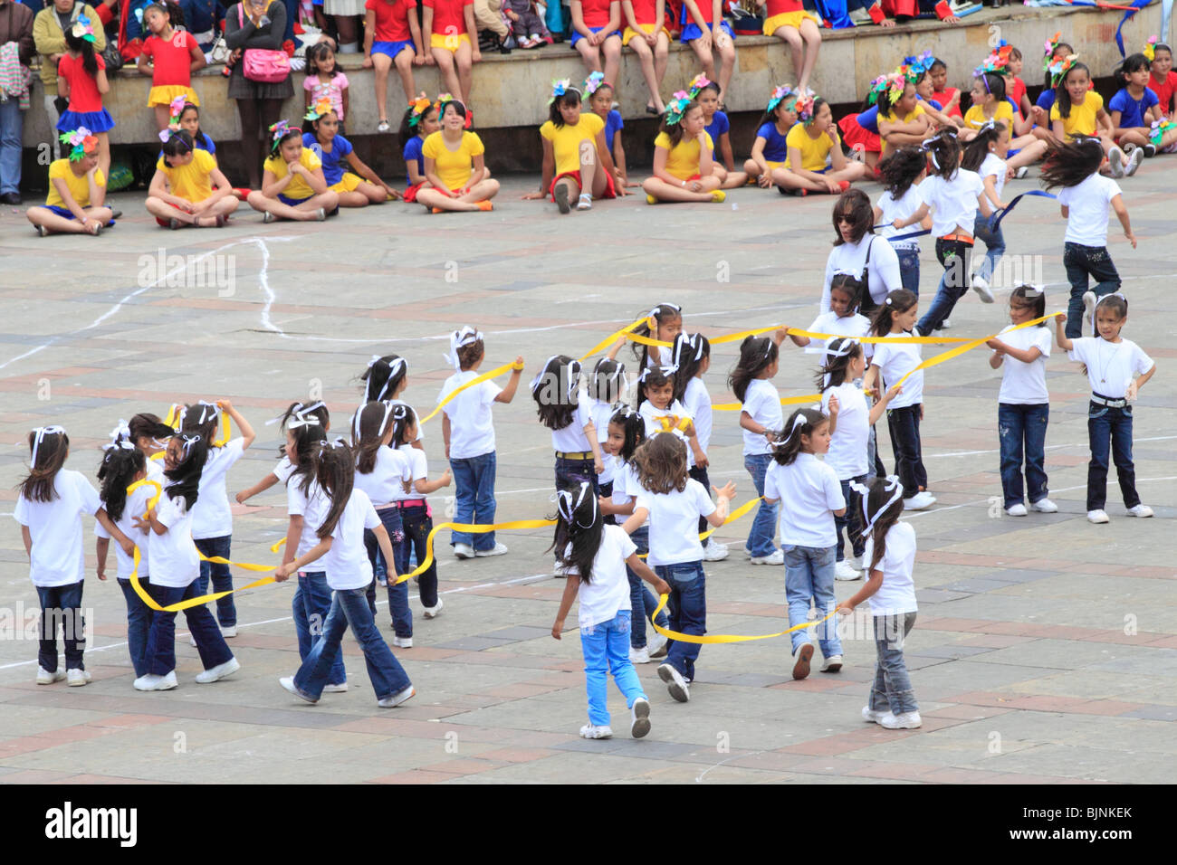 girls performing whit ribbons. Tunja, Boyaca, Colombia, South America ...