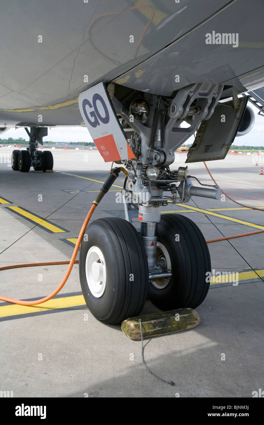 Nose wheels of Airbus A340, Duesseldorf, Germany Stock Photo