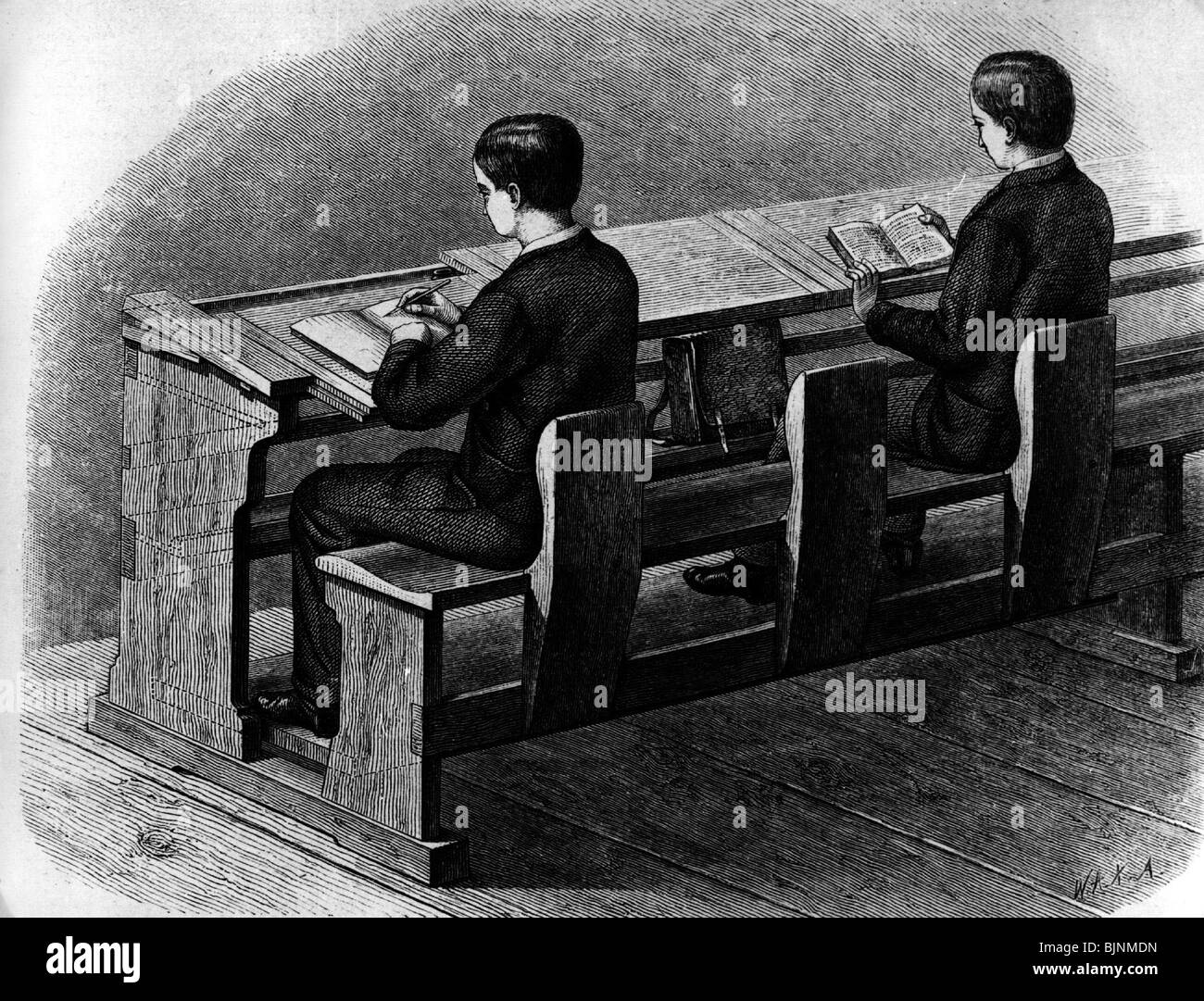 education, school, class, two boys on a school desk, during a lesson, wood engraving, 19th century, historic, historical, bench, table, writing, reading, working, taking notes, pen, quill, learning, boy, people, Stock Photo