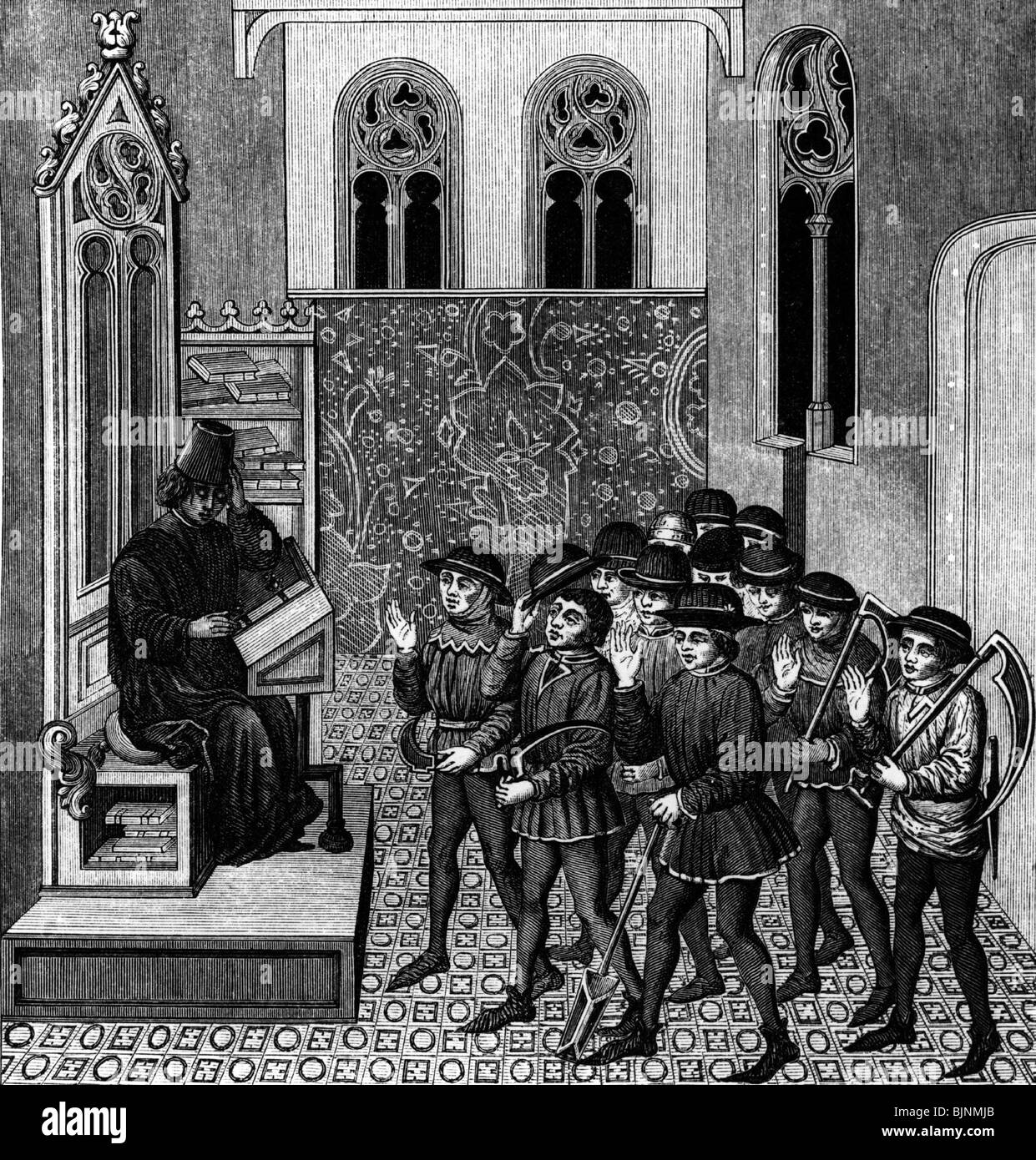 agriculture / farming, serfs getting instructions from their laird before they go to work, after a manuscript from the 15th century, historic, historical, Middle Ages, serf, villein, cotter, helot, villeins, cotters, servant, servants, manservant, menservants, farmer, farmers, serfdom, scythe, scythes, medieval, people, Stock Photo