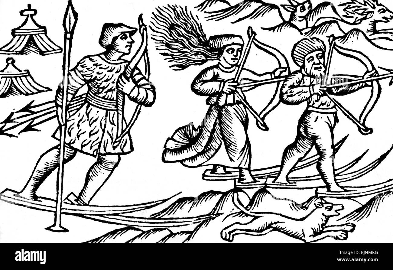 hunting, hunters, Lapps on the hunt, woodcut, from Olaus Magnus: Historia de Gentibus Septentrionalibus, Rome 1555, Stock Photo