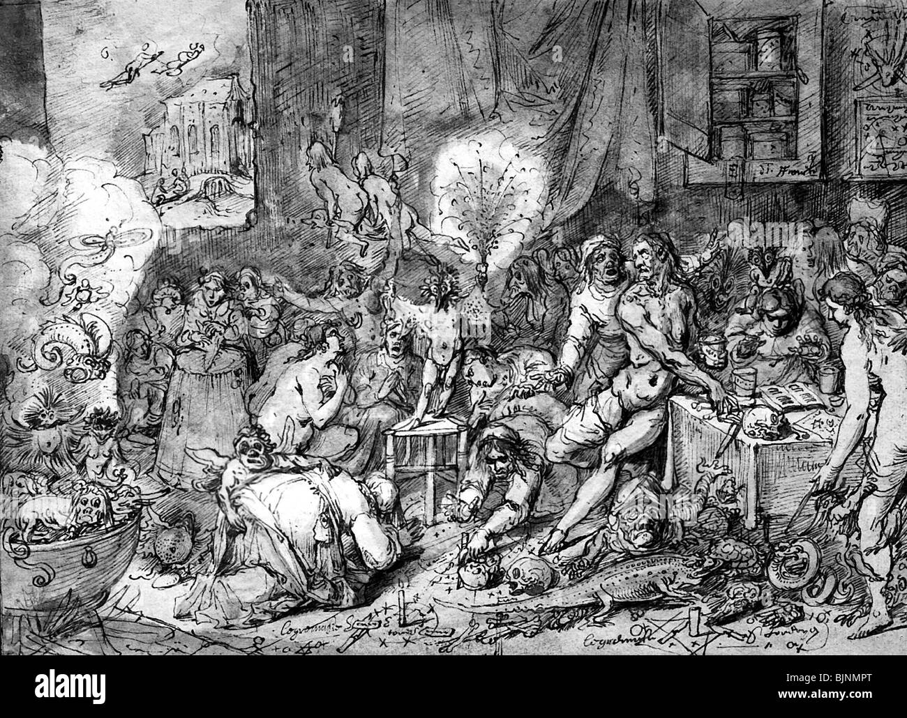 witchcraft, scene with witches, pen drawing by Frans Franck (+ 1642), witch, witches' kitchen, cauldron, historic, historical, 17th century, people, Stock Photo
