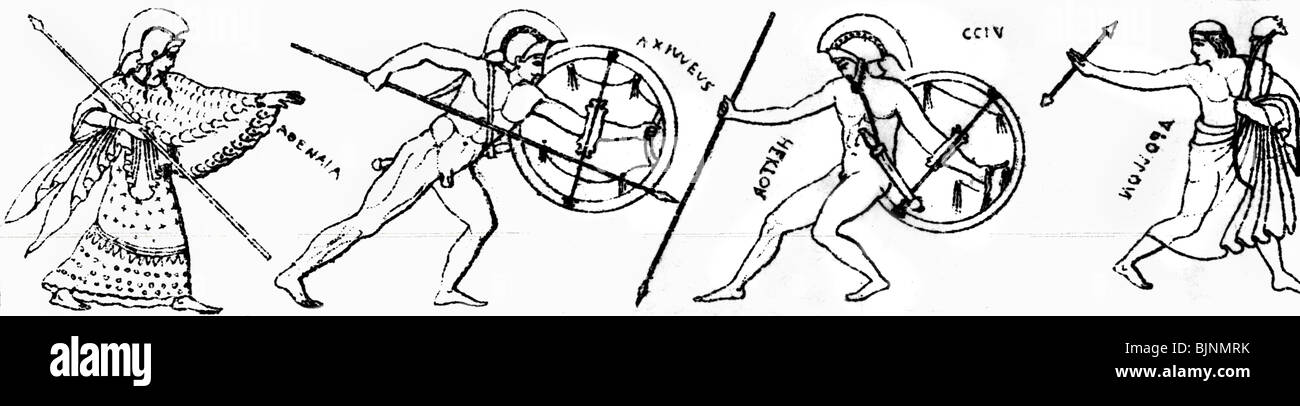 ancient world, Greece, Trojan War, duel of Achilles against Hector, beside the gods Pallas Athens and Apollo, drawing after ancient vase painting, historic, historical, warrior, warriors, hero, heroes, shild, Hoplos, mythology, legend, Troy, hoplite, helmet, ancient world, people, Stock Photo