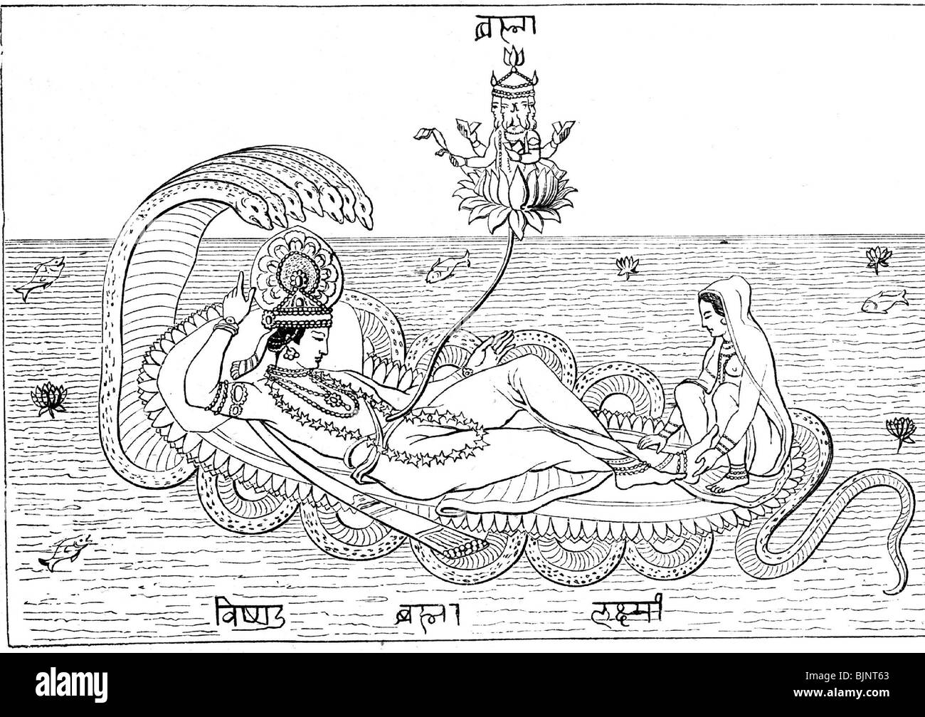 geography / travel, India, religion, Vishnu and Lakshmi on the snake Ananta, with Brahma on lotus flowerhead, wood engraving, historic, historical, legend, traditional, folklore, tradition, people, Stock Photo