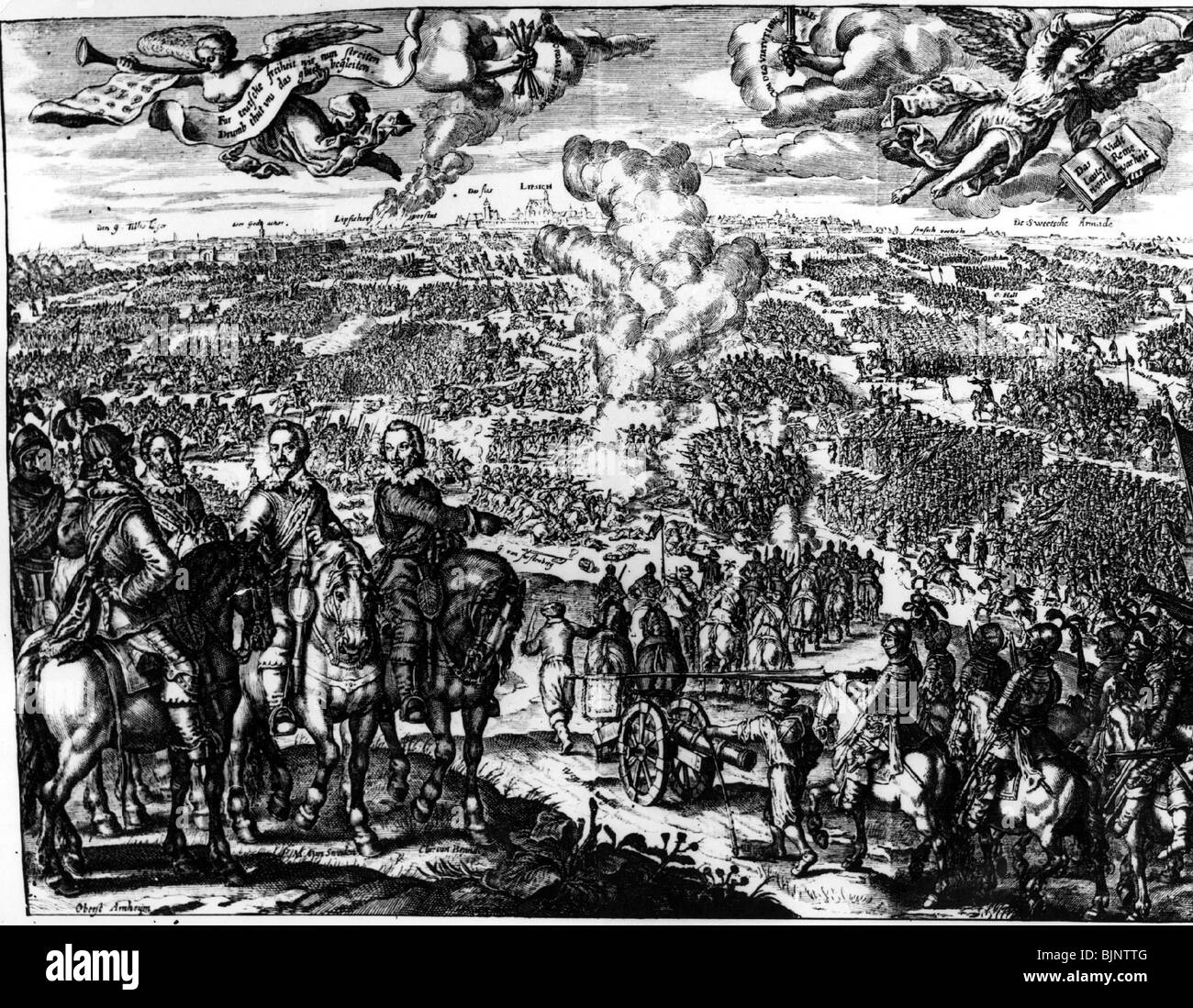 events, Thirty Years War 1618 - 1648, Swedish Intervention 1630 - 1635, First Battle of Breitenfeld 17.9.1631, King Gustavus Adolphus and his staff, contemporary copper engraving, Sweden, Germany, religious war, soldiers, cavalry, infantry, artillery, Protestants, angel, 17th century, historic, historical, people, Stock Photo