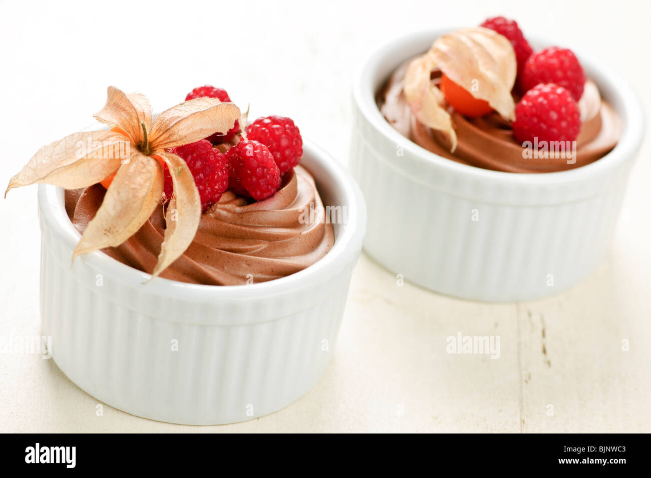 Two servings of chocolate mousse dessert with fruit Stock Photo