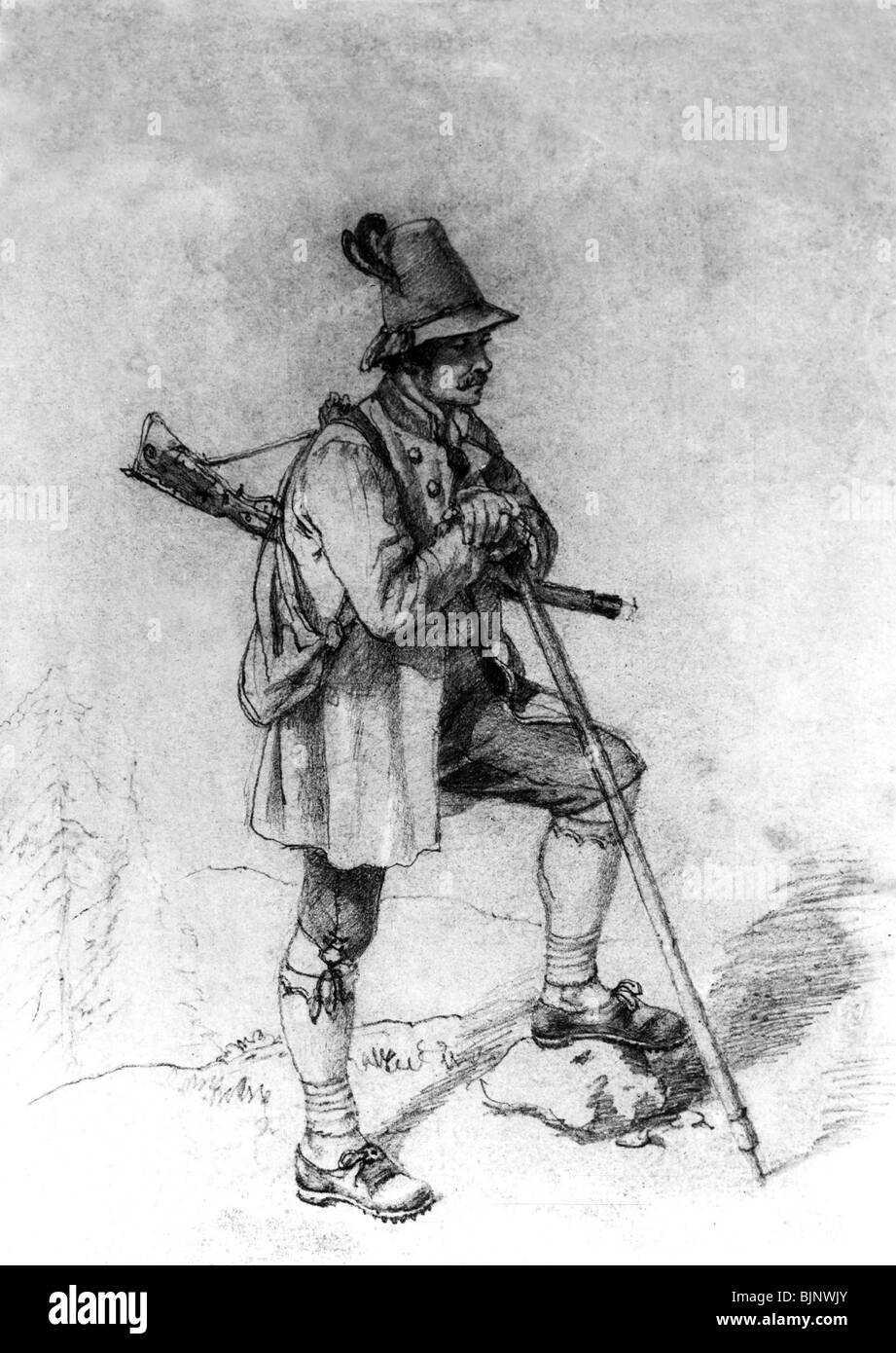 hunting, hunter from Bavaria or Austria, pencil drawing by Lornz Quaglio the Younger, 1838, 18.9 x 13.1 cm, Stock Photo