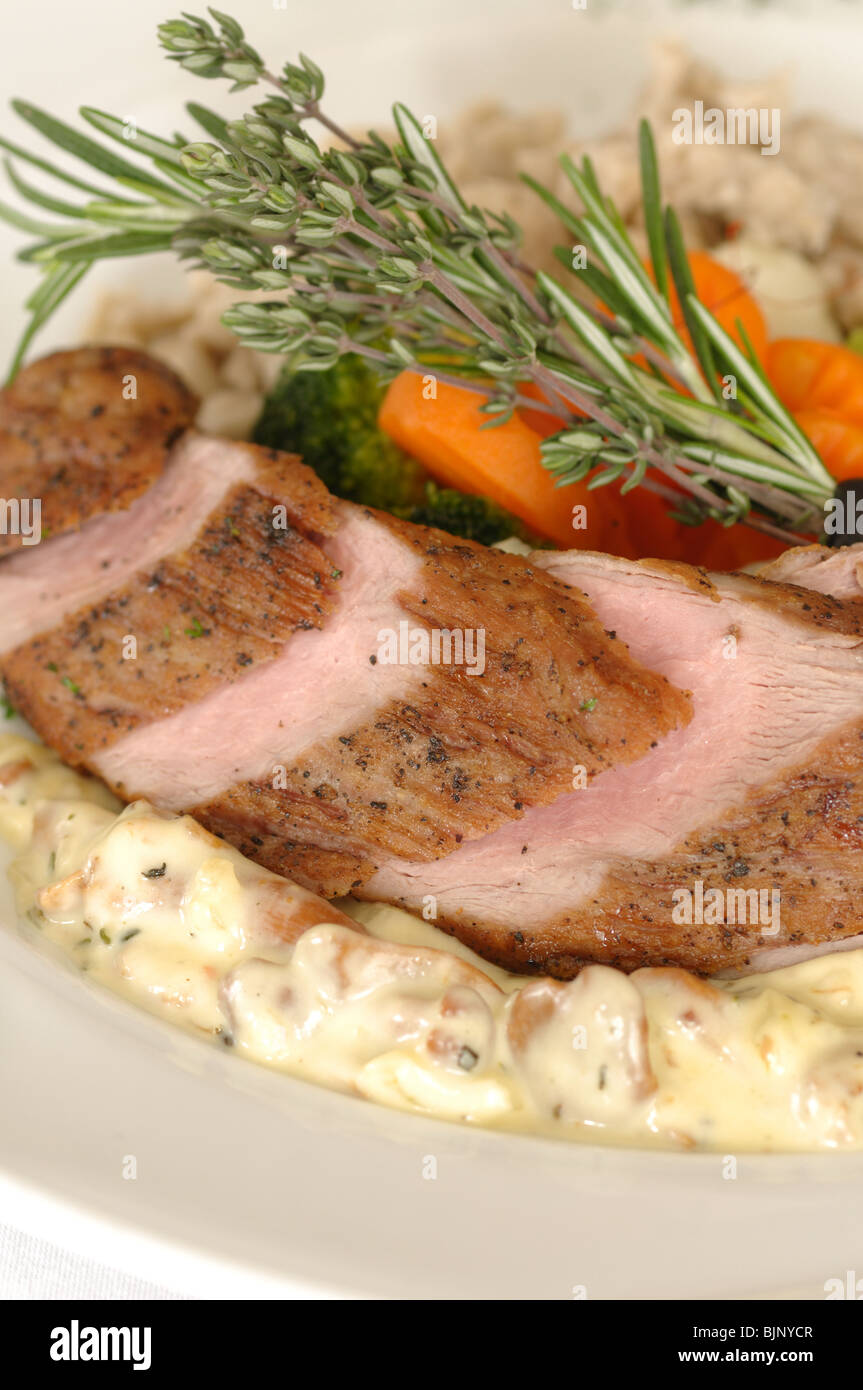 Pork fillet served at restaurant with chanterelle sauce Stock Photo Alamy