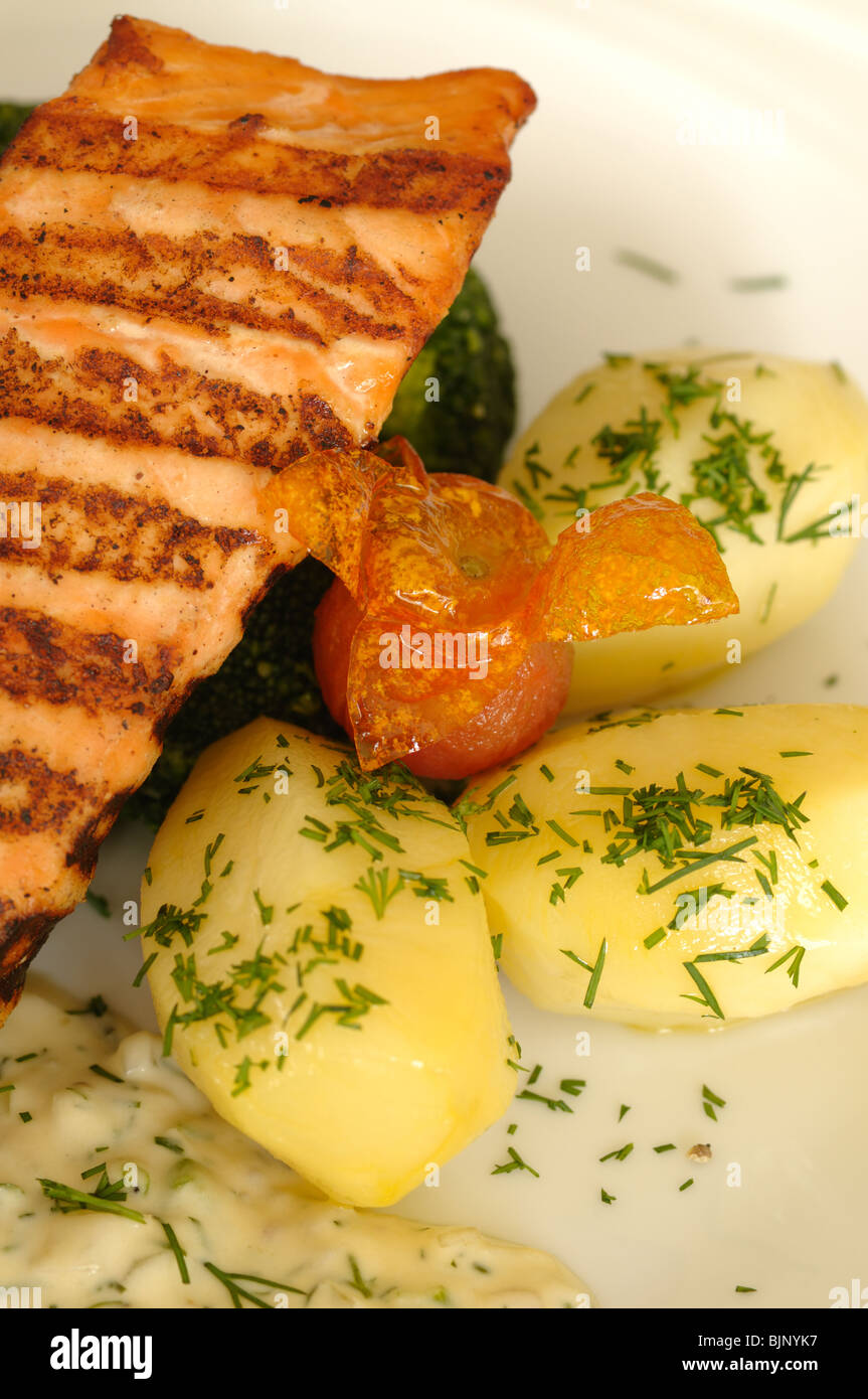 Grilled salmon served in restaurant Stock Photo - Alamy