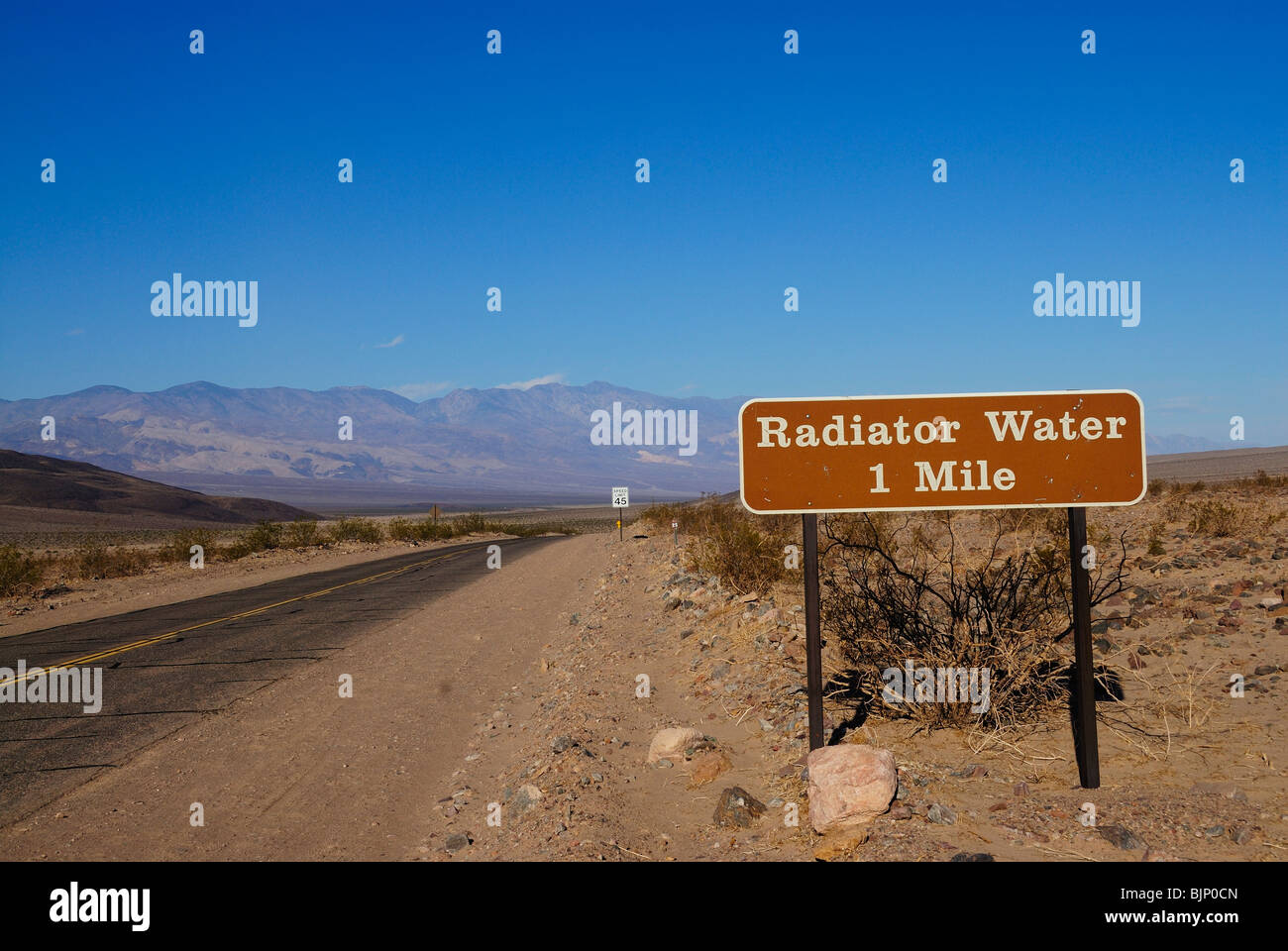 Radiator water sign along a road in Death Valley, California state Stock Photo