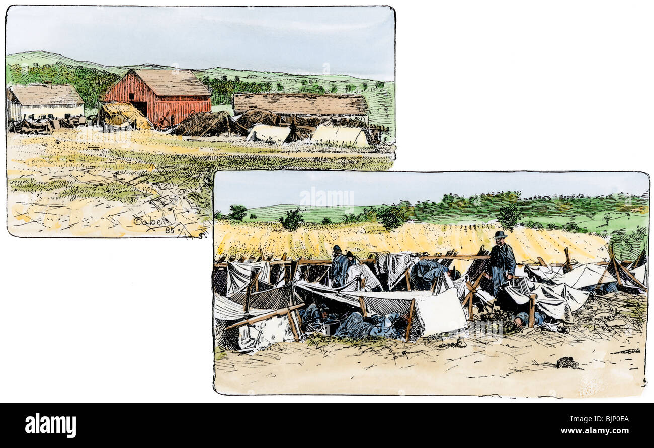 Union field-hospital for French's division at Antietam, Civil War. Hand-colored woodcut Stock Photo