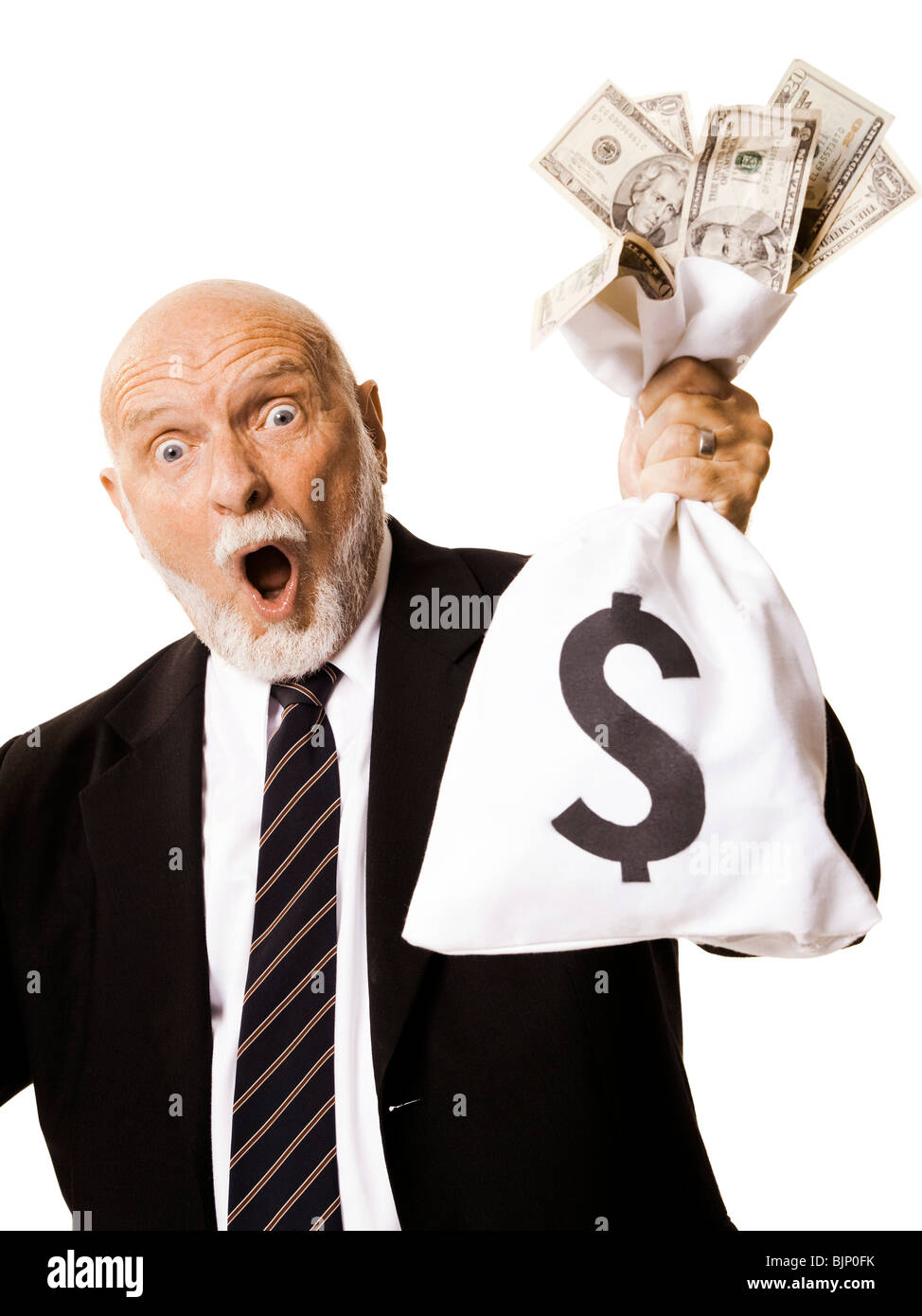 Portrait of businessman holding money bag Stock Photo - Alamy