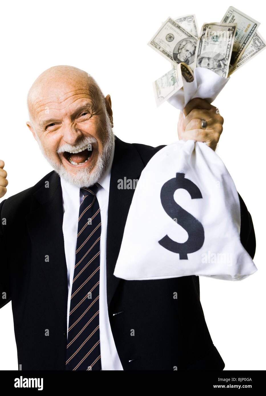 Portrait of businessman holding money bag Stock Photo - Alamy