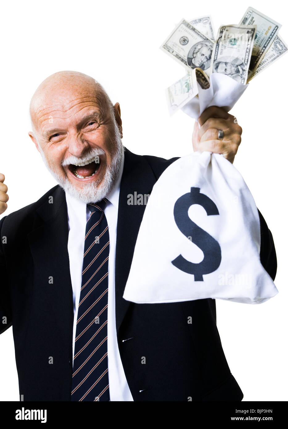 Portrait of businessman holding money bag Stock Photo - Alamy