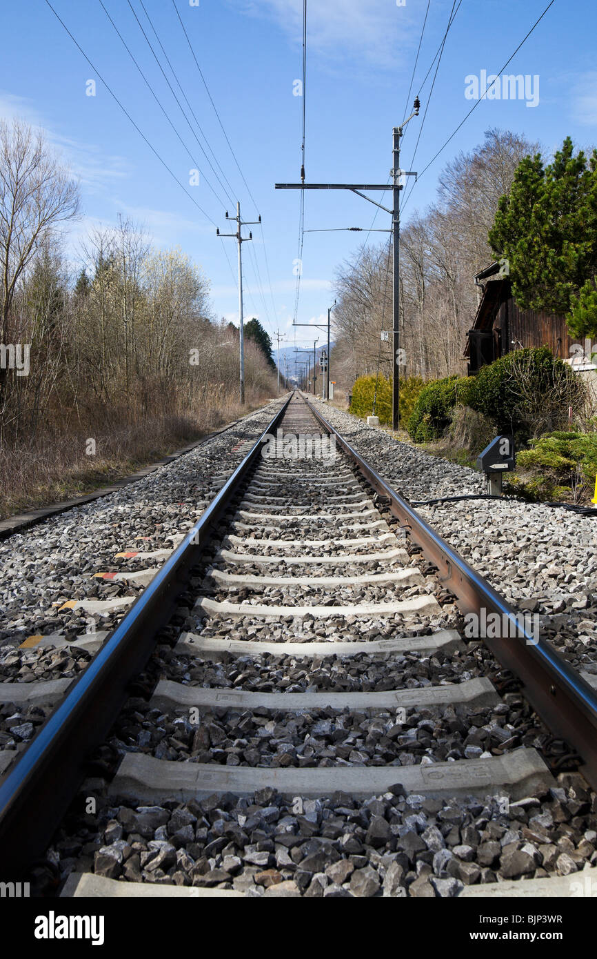 A single train track leads off into the distance; Switzerland. Charles Lupica Stock Photo