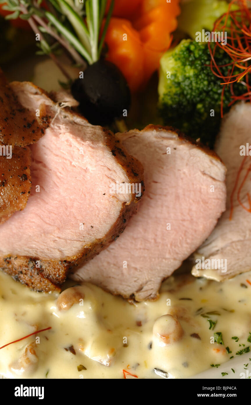 Pork fillet served at restaurant with chanterelle sauce Stock Photo Alamy