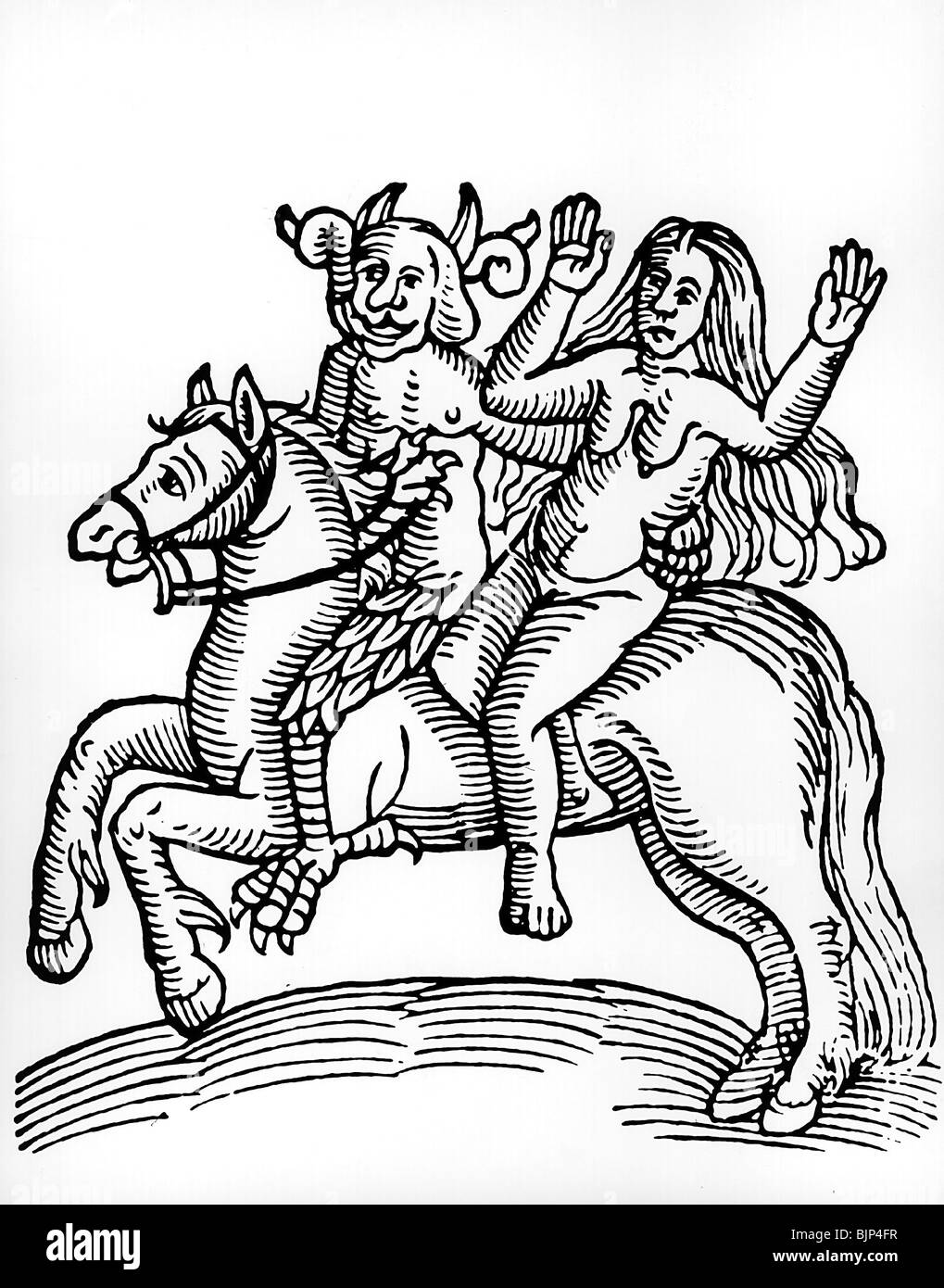 superstition, witchcraft, witch with devil riding on horse, 'The Witch of Berkely', woodcut from the chronicle of William of Malmesbury, 12th century, Stock Photo